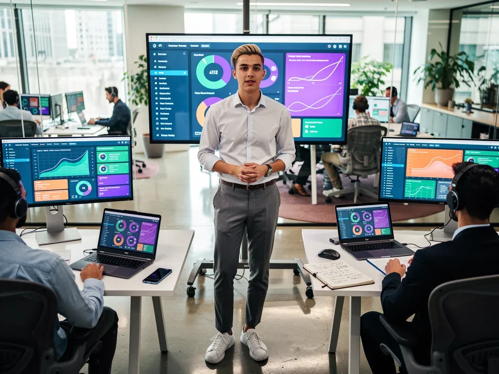 Gen Z professional demonstrating versatility and multiple skills in a modern, technology-driven workplace.