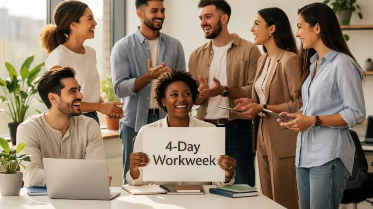 Gen Z professionals thriving in a modern office, representing the demand for a 4-day workweek.