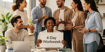 Gen Z professionals thriving in a modern office, representing the demand for a 4-day workweek.