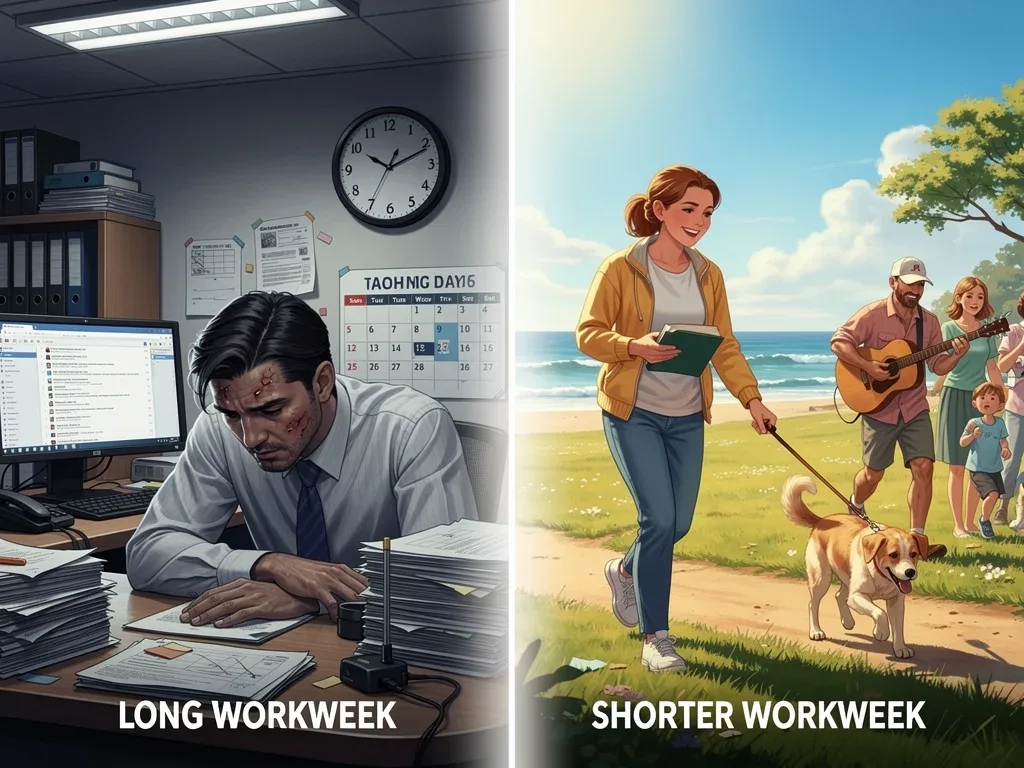 Employees balancing focused work with additional personal time in a four-day workweek model.