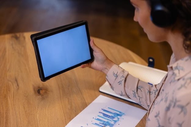 An auditor using a tablet to analyze an AI algorithm's output, with visual representations of different demographic groups and fairness metrics displayed on the screen.