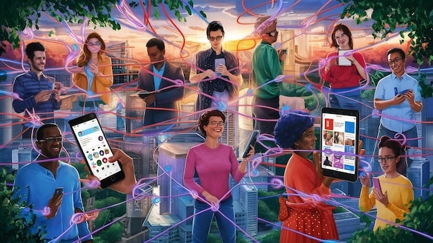 A collage showing different online communities and collaborative projects that Gen Z can participate in for social justice advocacy. It includes screenshots of online forums, group chats, and virtual meetings where young activists are discussing strategies, sharing resources, and organizing campaigns.