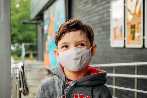 A close-up of a child wearing a face mask due to air pollution in a densely populated urban area, emphasizing the direct health impacts of environmental injustice on vulnerable populations.