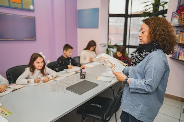 A teacher leading a workshop on culturally responsive teaching methods for a group of educators. The room is filled with diverse teaching materials and resources.