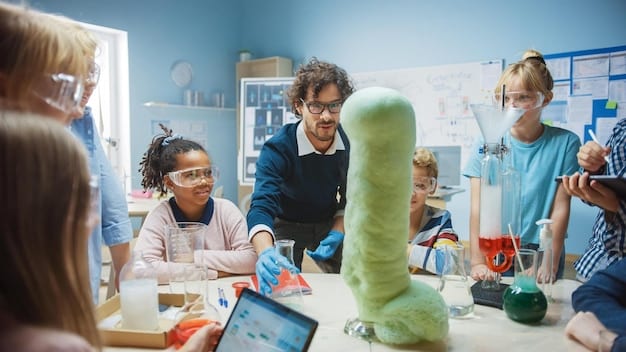 A diverse group of students participating in a science experiment in a well-equipped laboratory. The students are engaged and excited about learning.