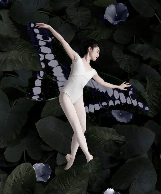 A split-screen image. On one side, a dancer is performing with AR butterflies fluttering around them. On the other side, a diverse group of dancers is engaging in a collaborative routine via a remote holographic projection. The background is a minimalist studio with advanced lighting effects.
