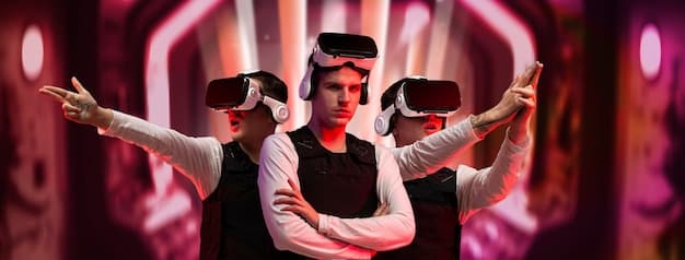 A split-screen showcasing two VR esports players competing in a futuristic arena. One side shows the player wearing a VR headset, while the other shows the in-game perspective of the VR environment.