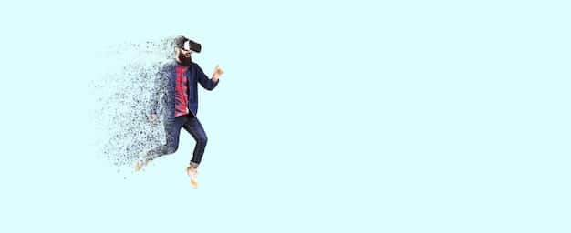A stylized representation of a person wearing a VR headset, surrounded by floating data streams and digital security icons. The image conveys the concepts of digital privacy and cybersecurity in the context of immersive virtual environments.