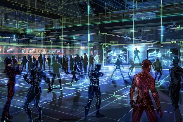 A digital rendering of a futuristic comic convention filled with cosplayers dressed as characters from a fanfiction-turned-franchise. Digital banners display artwork and promotional material for the franchise, illustrating the scale of community-driven pop culture.