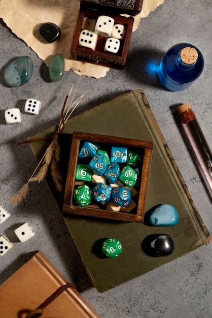 A close-up shot of various board game components, including dice, cards, wooden pieces, and miniature figures. The image is focused on the tactile nature of the game pieces, with textures and colors popping out.