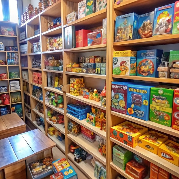 A shelf filled with a diverse collection of board games in their boxes. The games are of various sizes, colors, and themes, showcasing the breadth of options available in the modern board game market.