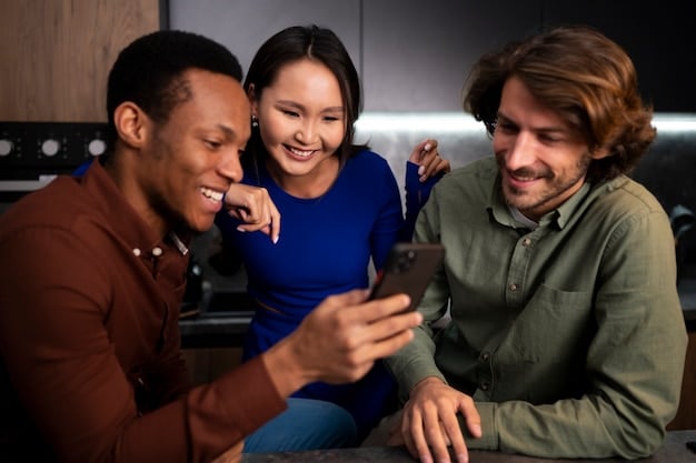 A close-up shot of a diverse group of Gen Z individuals laughing and reacting to content on their smartphones. The lighting is soft and natural, emphasizing the emotional connection to the content.
