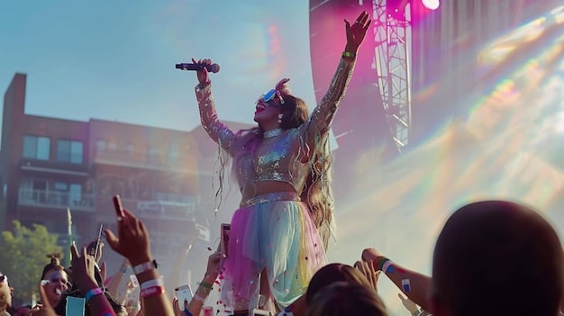 A vibrant and dynamic scene of a music festival targeted towards Gen Z, with a popular YouTube musician performing on stage. The crowd is energetic, holding up their phones to capture the moment, showing their engagement and enthusiasm.