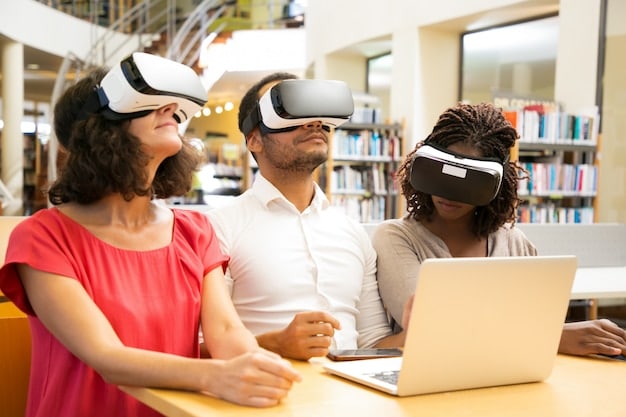 A diverse group of Gen Z students collaborating on a virtual project using AI-powered tools, showcasing a dynamic and personalized learning experience.