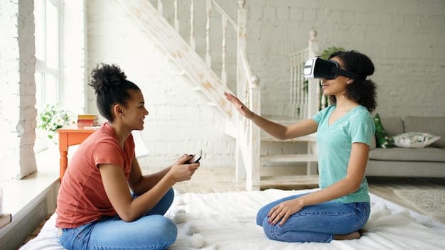 A young woman uses an AR app on her smartphone to see how a piece of furniture would look in her living room, with the virtual furniture seamlessly integrated into the real-world environment.