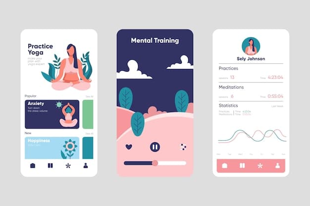 A screenshot of an AI mental wellness app interface on a smartphone. The app displays features such as mood tracking, personalized meditation suggestions, and a chatbot interface for journaling or conversations. The design is clean and modern.