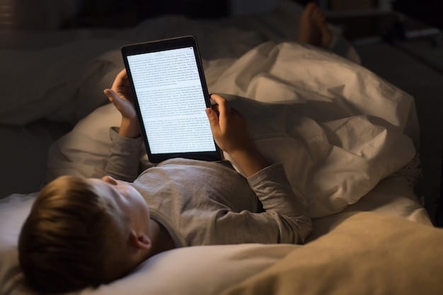 A person lying in bed looking at a tablet displaying the Calm app interface, showing various meditation options and sleep stories. The room is dimly lit, creating a peaceful atmosphere.