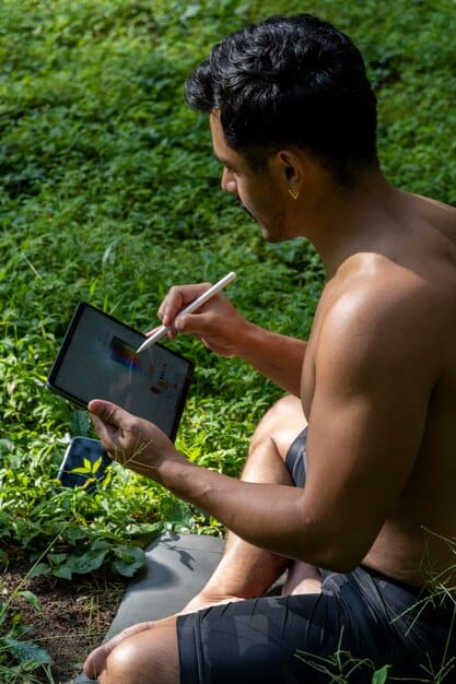 A Gen Z individual using a mobile app to track their carbon footprint, illustrated with data visualizations and icons representing various sustainable actions.