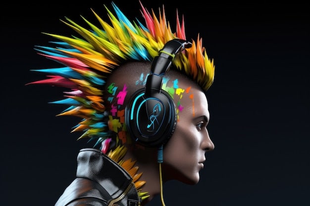 An artist wearing a BCI headset, with a vibrant digital art piece forming in real-time on a large display in front of them, showcasing the intersection of technology and artistic expression.