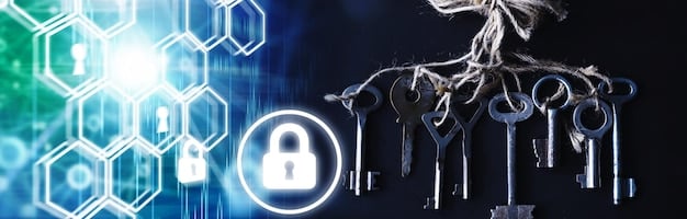 A graphic representing data privacy and security, featuring a lock and key with blockchain nodes interconnected in the background. The visual should convey the idea of decentralized security and encryption.