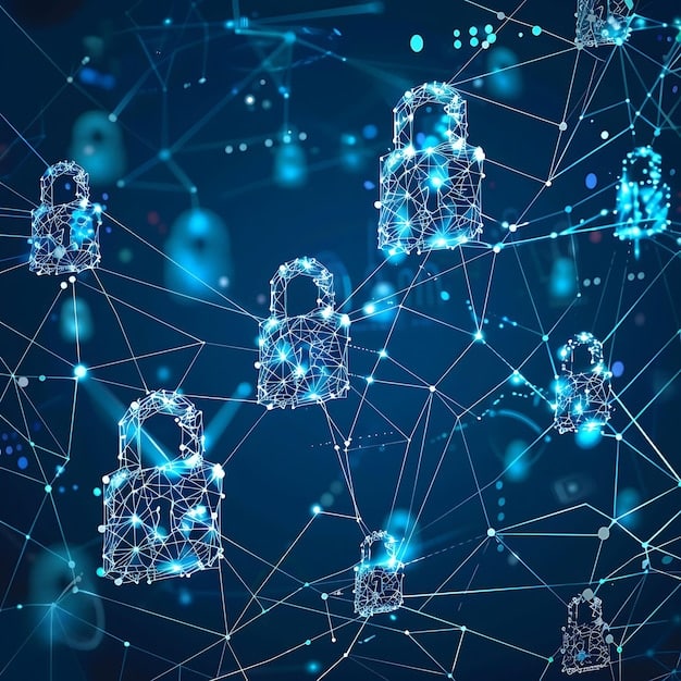 A visual representation of secure communication, featuring encrypted messages exchanged between users on a decentralized network, with blockchain nodes in the background.