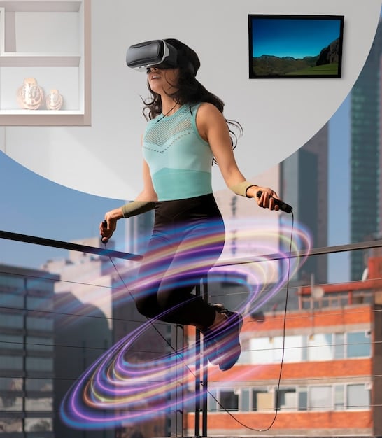 A person wearing a VR headset, immersed in a virtual cityscape, with holographic job postings floating in the air. The image captures the futuristic feel of the metaverse job market and the potential for immersive career exploration.