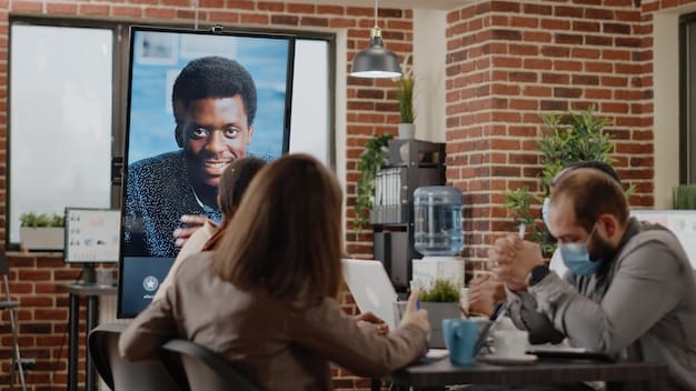 A group of diverse avatars engaged in a virtual brainstorming session, using digital whiteboards and interactive displays. The image emphasizes the importance of collaboration and communication in the metaverse.