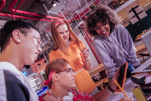 A group of Gen Z college students collaboratively working at a lab with quantum computing equipment, showing them engaged in coding, simulations, and discussions concerning quantum algorithms, signifying their central involvement in the tech's development and application.
