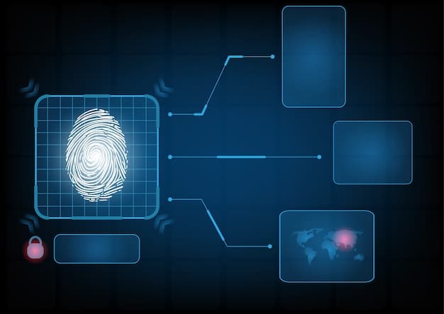 A split screen comparing a complex password on one side and a fingerprint icon on the other, visually representing the choice between traditional passwords and biometric authentication.