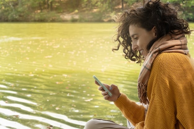 A person using a mindfulness app on their phone while sitting on a park bench. The app interface is visible, showing guided meditation options. The overall scene is peaceful and calming.