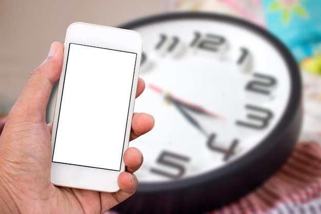 A close-up shot of a smartphone displaying a social media feed, with a clock in the blurry background showing a late-night hour (e.g., 2:00 AM). The person's eyes are tired, but they are still scrolling.