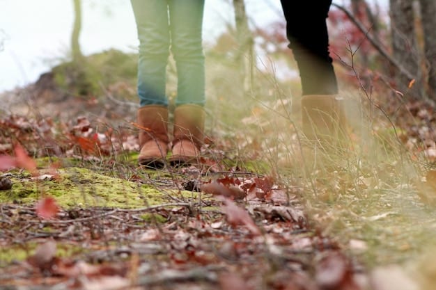 A close-up shot of a person's feet walking on a forest trail covered with fallen leaves. The sun is dappling through the trees, creating a sense of peacefulness and connection with nature. Focus is on the texture of the leaves and the natural path.