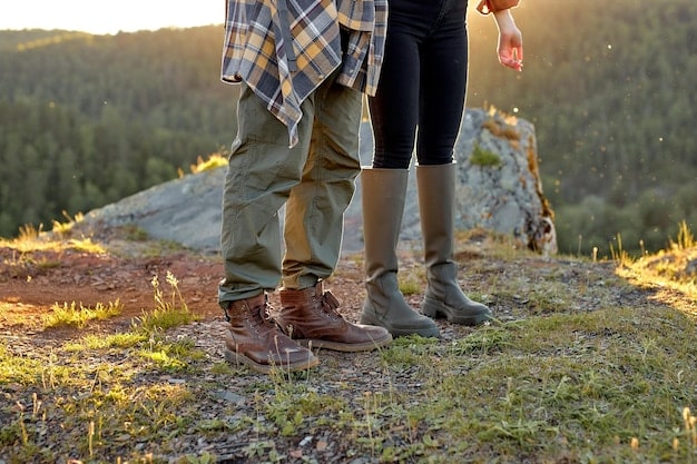 A pair of hiking boots standing on a rocky outcrop overlooking a vast, green valley. The sky is clear and blue, and the air feels crisp and clean. This captures the essence of adventure and the rewarding feeling of exploring nature.