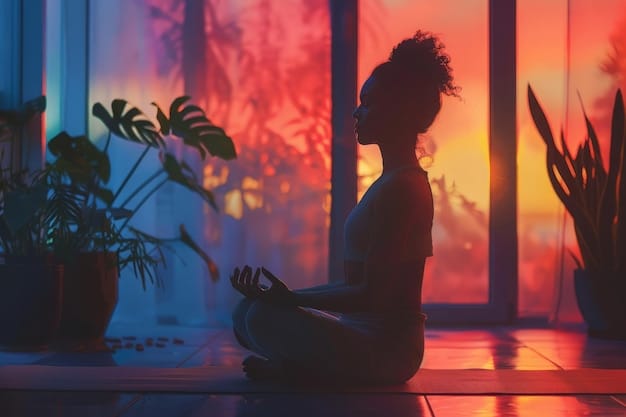 A person meditating in a peaceful setting, visualizing inner peace and self-awareness. The lighting is soft and calming, and the person's posture reflects relaxation and focus. The background includes nature elements, such as trees and a gentle stream.