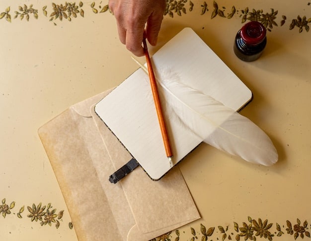 A close-up of a hand writing in a leather-bound journal with ink and a quill, emphasizing the tactile and sensory experience of traditional journaling.