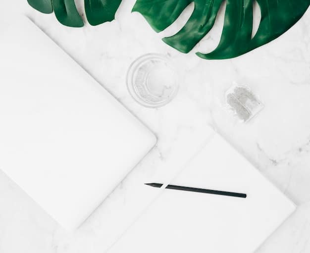 A minimalist workspace with a simple notebook and pen on a clean desk, a plant in the background, and soft natural light, conveying a sense of calm and focus.