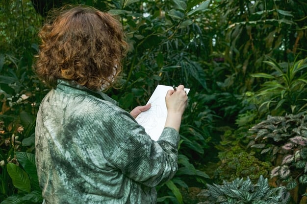 A person writing in a journal outdoors in a park, with a pen in hand and nature visible in the background. The scene conveys a sense of calm and reflection.