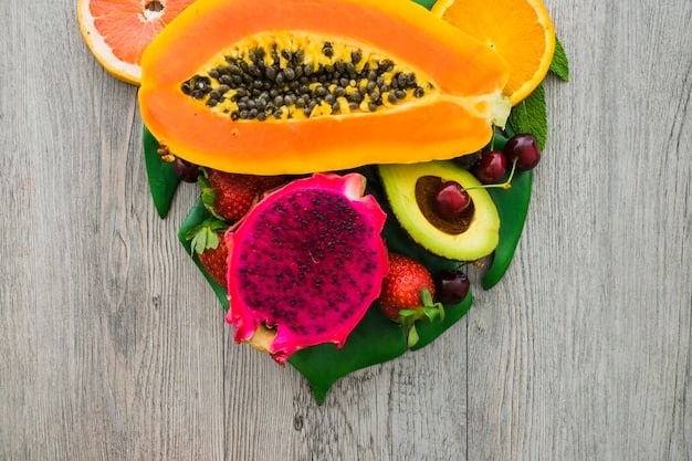 A colorful assortment of fruits and vegetables, including berries, leafy greens, and whole grains, arranged to represent the diverse sources of nutrients beneficial for mental health.
