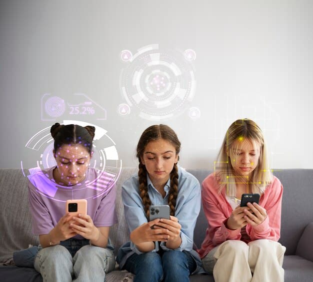 A young Gen Z individual deeply immersed in a hyper-personalized social media feed, showing various niche content streams and community interactions, with subtle AI interface elements overlaid.