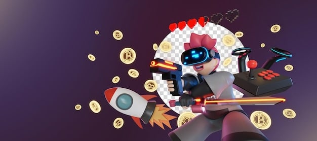 Gen Z avatars engaging in a play-to-earn metaverse game, with cryptocurrency symbols and NFT graphics overlaying the scene, representing digital ownership and economic opportunities.