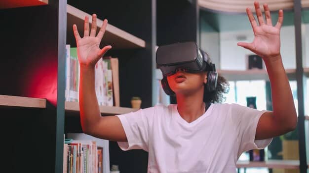 A Gen Z student wearing a VR headset, fully immersed in a virtual educational environment that displays complex scientific concepts, demonstrating active engagement and advanced technology use.