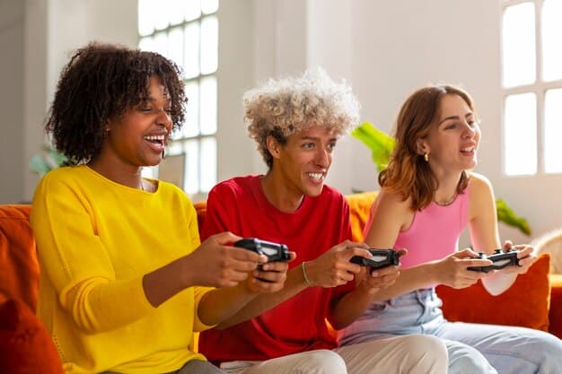 A group of Gen Z friends laughing and interacting while playing a popular online multiplayer game, emphasizing the strong social and community aspect of their gaming habits.