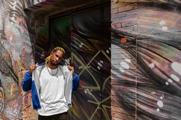 A Gen Z individual proudly showing off a unique, thrifted, oversized vintage denim jacket, layered over a graphic tee, with chunky sneakers, against a backdrop of a colorful street mural.