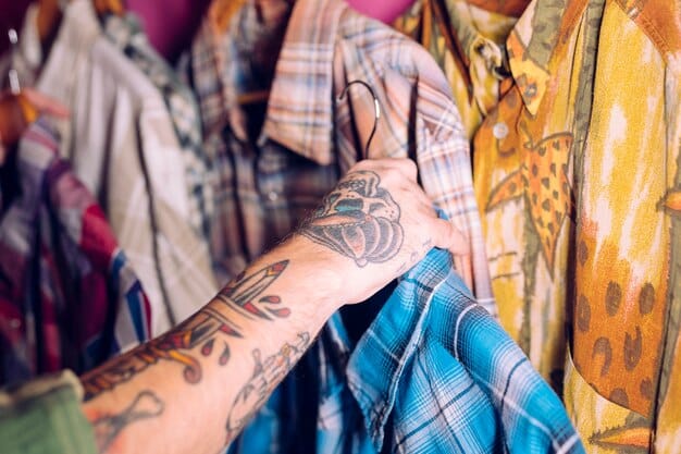 A Gen Z person in a vintage thrift store, holding up a colorful, patterned shirt with unique textures, smiling, with racks of quirky, diverse clothing in the background, hinting at endless possibilities for self-expression.