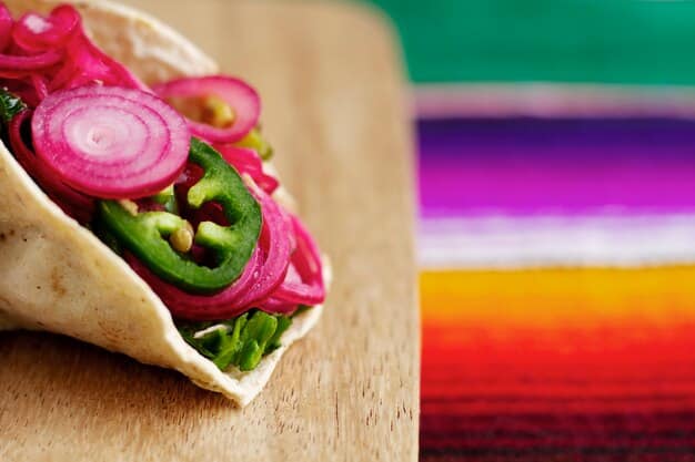 A close-up shot of a vibrant, fusion plant-based taco with colorful toppings, showcasing the blend of global flavors and fresh ingredients, appealing to a modern, adventurous palate.