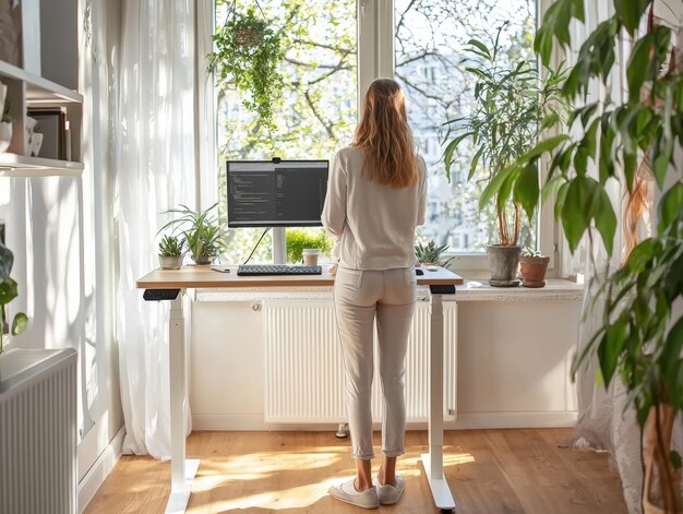 A sleek, ergonomic home office setup in a small apartment, featuring a standing desk, a minimalist monitor setup, and a comfortable task chair, with natural light.