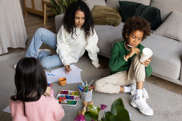 A diverse group of four children, aged 3-4, engaged in imaginative play with toy animals, actively talking and interacting with each other, in a colorful playroom.