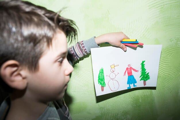 A child draws a picture that reflects mixed emotions like fear and sadness, symbolizing internal psychological struggles. Crayons and paper are scattered around.