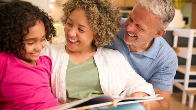 A diverse group of children, aged 6-9, engaged in a storytelling session with an older adult, demonstrating focused listening and respectful communication. They are in a cozy, brightly lit classroom setting.
