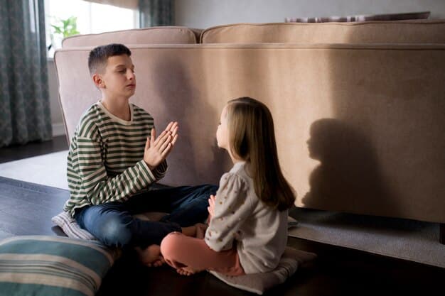 A parent and child engaged in a deep conversation, looking at each other attentively, suggesting open communication and emotional connection. They could be sitting on a cozy sofa at home.